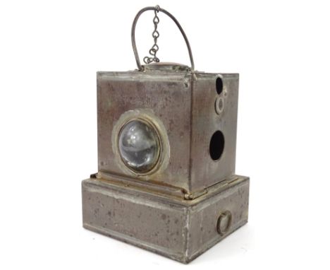 A British Rail Midlands Division tin railway lamp, with copper hinged cover, etc., 29cm H.