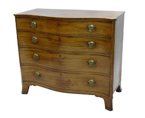 An early 19thC mahogany serpentine fronted chest of drawers, the top with a boxwood strung folder above four graduated drawer