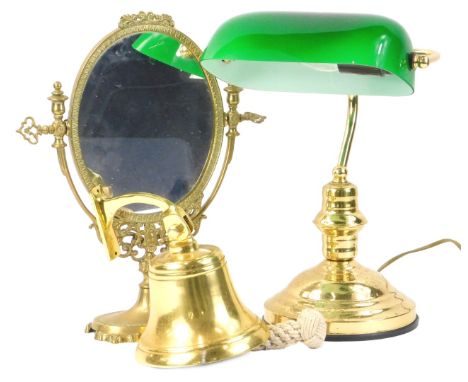 Various items of metalware, to include a reproduction school bell, dressing table mirror and a desk lamp.