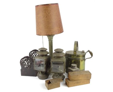 A collection of metalware etc., to include a brass Corinthian column table lamp, a brass watering can, a pair of American bra