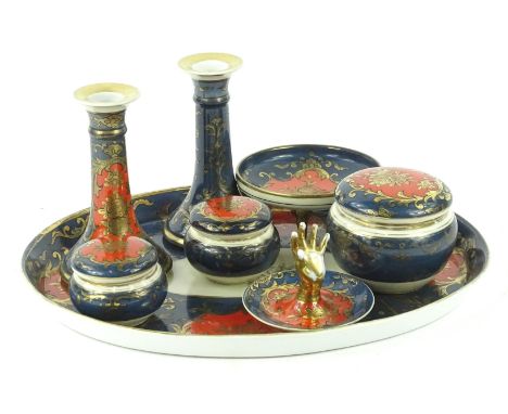 A Noritake porcelain dressing table set, decorated in Imari colours, picked out in gilt, to include a pair of candlesticks, r