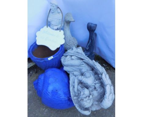 Various garden ornaments, to include an angel, a blue glazed nautilus shell, planter, etc.