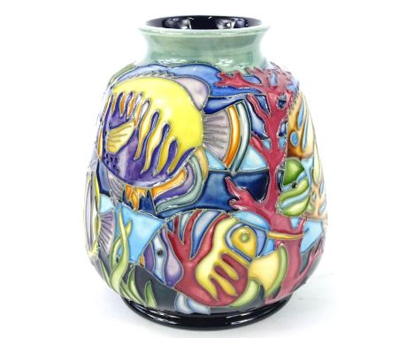 A Moorcroft Martinique pattern vase, decorated with coral and fish, on a blue and green ground, number 98 of 235, signed 98 J