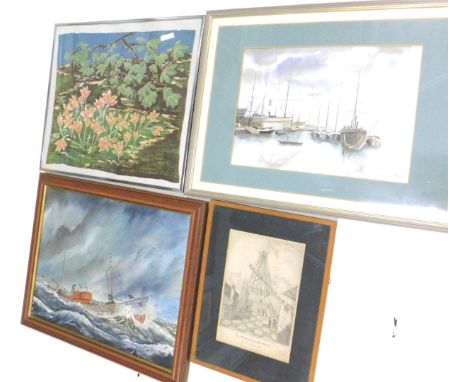 G. Murray.  The Ross Renown trawler, oil on canvas, 44cm x 60cm, a watercolour of ships in the harbour, monogram, printed of 