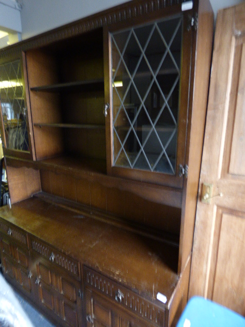 Dark Oak Priory Style Dresser With Leaded Glass Doors