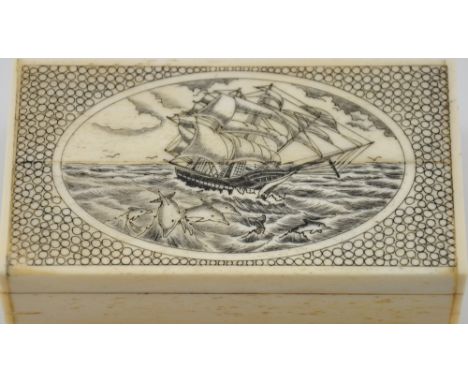 A Scrimshaw style engraved bone effect snuff box decorated with a clipper in full sail