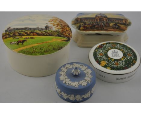 A marmalade pot, the lid decorated with a transfer print of Windsor castle, together with three further lidded boxes