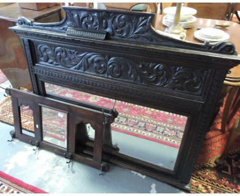 A late Victorian carved oak over mantel mirror with bevelled plate, w:125cm together with a later oak hall mirror