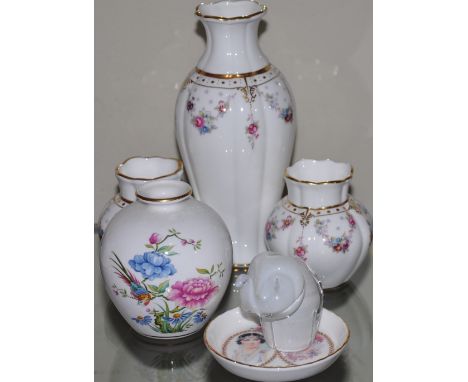 A garniture of three Royal Crown Derby Royal Antoinette pattern porcelain vases, together with a Spode vase, Wedgwood paperwe
