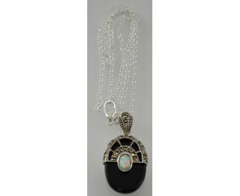 A silver onyx, marcasite and opal pendant necklace