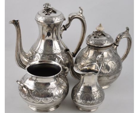 A Victorian silverplated Britannia metal four piece tea service engraved with Antheimion bands