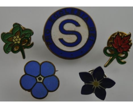 5 assorted enamel badges