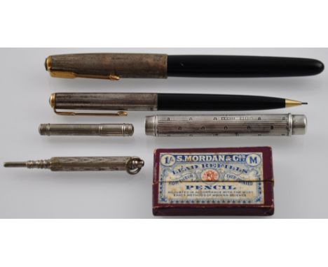 An early 20th Century Mordan & Co engine turned silver propelling pencil together with one other, a Parker fountain pen and p