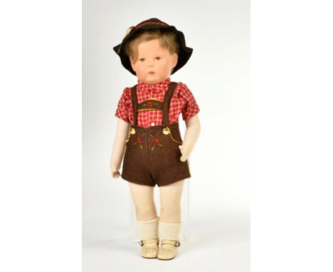 Käthe Kruse, Tiroler Knabe mit Hut, W.-Germany, 45 cm, gemarkt "677 Käthe Kruse", Stoff leicht vergilbt, Knie mit Flecken, so
