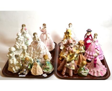 Three unmarked Royal Worcester figures (not painted), Royal Worcester, Coalport, Spanish figures etc 
