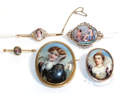 A collection of five French enamel brooches including Anne of Austria, late 19th century (5)