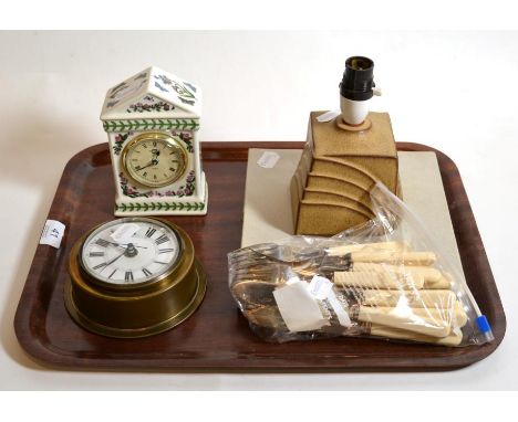 Two clocks; a lamp; and flatware 