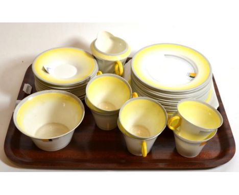 An Art Deco Shelly part teaset, stylised decoration, comprising two sandwich plates, six cups, twelve saucers, six side plate