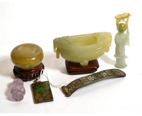 A group of Chinese hardstone, jade and quartz carvings to include a circular cosmetics pot and cover, three with item descrip