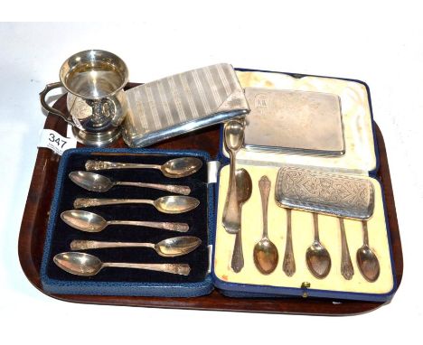 Silver to include two cased sets of six teaspoons, a Christening mug, two cigarette cases, a snuff box with presentation insc