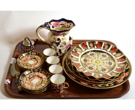 A group of Royal Crown Derby Imari coffee cups and saucers; plates; watering can etc; and a Victorian silver trowel, London w