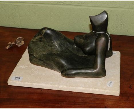 Janet Hollins (Contemporary) After Henry Moore, female figure, carved opal stone, on limestone plinth base, figure 34cm lengt