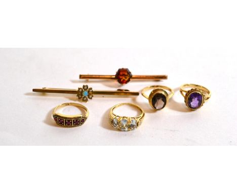 An opal and seed pearl bar brooch, stamped '9CT', length 2.9cm; another bar brooch, stamped '9CT', length 5cm; a 9 carat gold