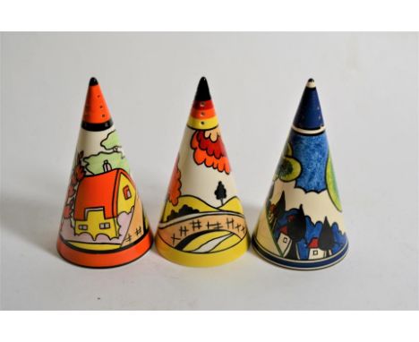 Three Bizarre ware, by Clarice Cliff, for Wedgwood conical sugars, comprising 'Orange Roof Cottage', no. 362/500; 'House &amp