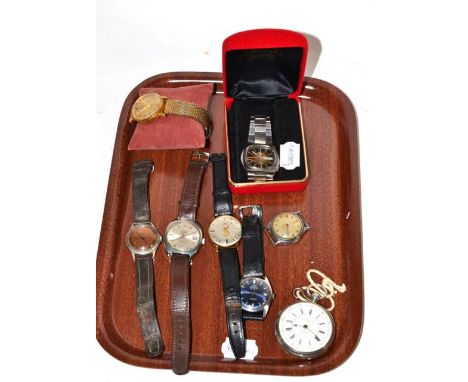 A silver chronograph pocket watch retailed by Wm Gadsby, Lincoln; and seven gents wristwatches signed Tissot, Ingersoll, Limi