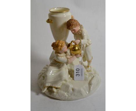 A Royal Worcester porcelain figure group of a boy and girl at a fountain by James Hadley, 17.5cm high