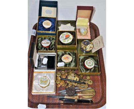 Assorted collectables to include military buttons and badges; Parker and other pens; enamel boxes etc 