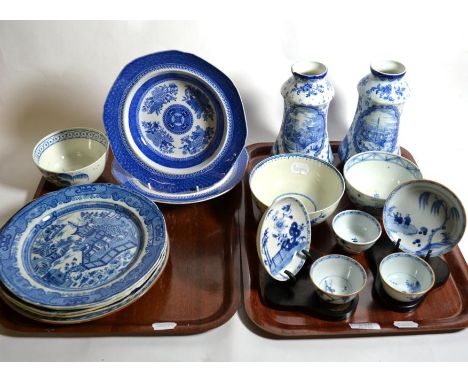 A selection of 18th century and later blue and white ceramics including two pearlware bowls; an early Worcester bowl Chinaman