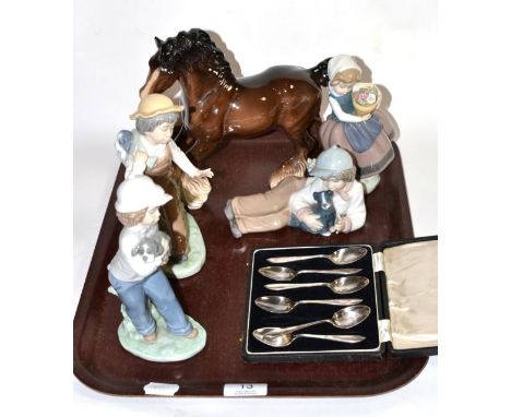 A Beswick horse; a Lladro figure of a girl; three Nao examples; and a set of six silver teaspoons