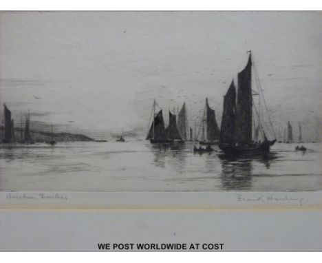 Wyllie etching steam paddle tugs and sailing ships (13 x 29cm);  Frank Harding signed etching 'Brixham Trawlers' and a furthe