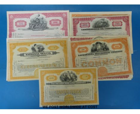 Twenty five share certificates including Prairie Pipeline Co, tea, railway, oil etc 