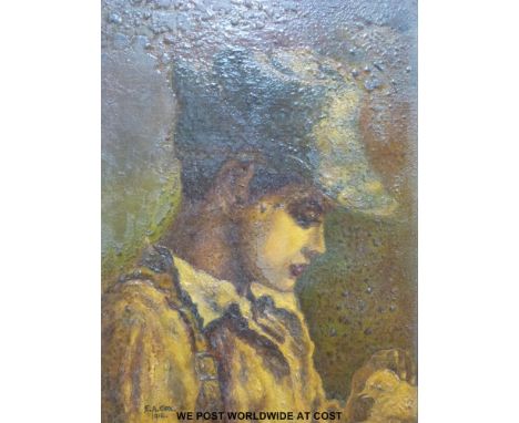 E A Cox 1918 oil on canvas portrait of a man with chick, possibly WWI military interest (35 x 25cm)