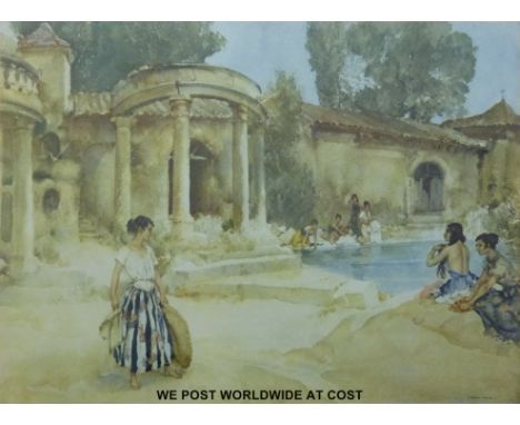 Signed Russell Flint print of bathers by a classical pool (43 x 57cm) 