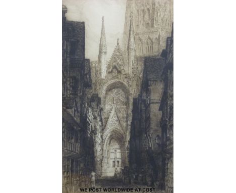 James Alphege Brewer etching of Rouen Cathedral - the entrance to the South Transept, c1920, signed bottom left (50 x 30cm)