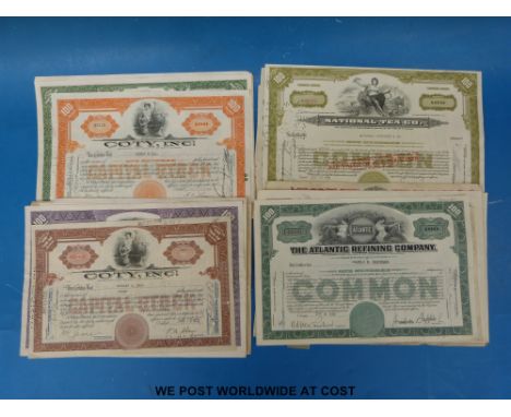 Twenty five share certificates including West Indies sugar, utilities, nickel mining, Sunray oil, Scranton electrical, Childs