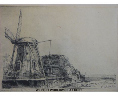 Rembrandt Van Rijn dry point etching of a windmill and buildings dated 1641 (15 x 21cm). Pencil script bottom left margin.