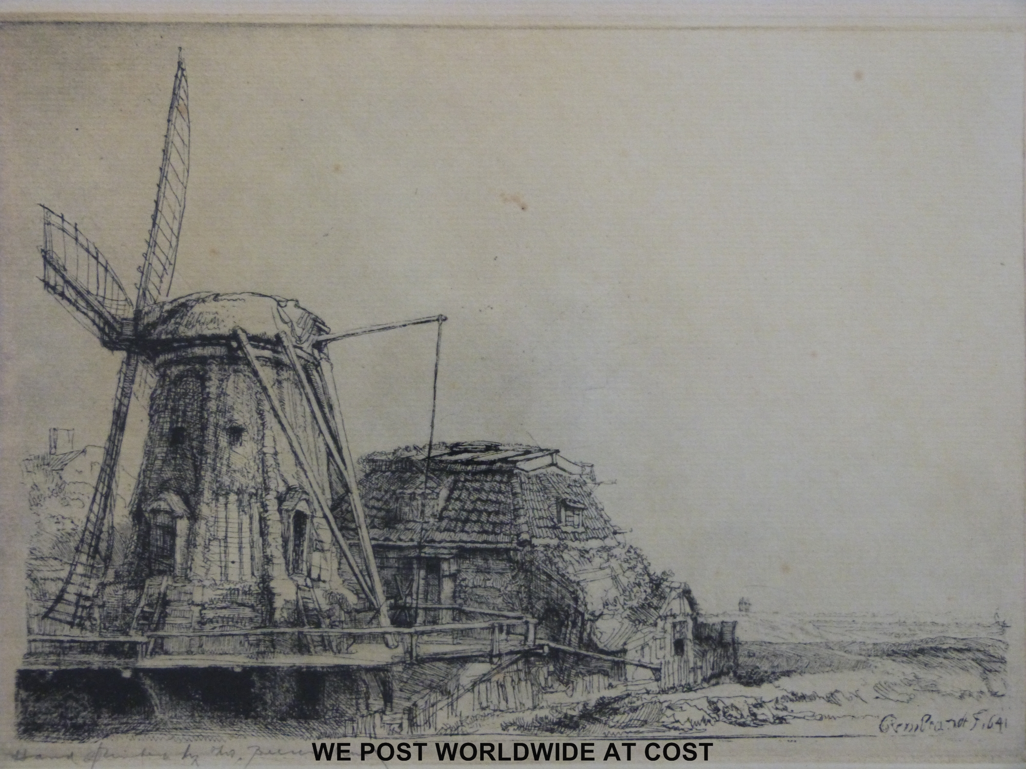 Rembrandt Van Rijn dry point etching of a windmill and buildings dated ...