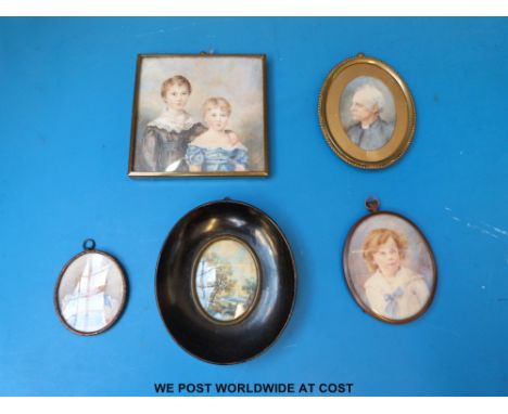 Four late 19th / early 20thC portrait miniatures, probably on ivory, of children and a head and shoulders bust of a man, one 