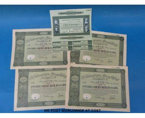 Five share certificates relating to Nazi gas