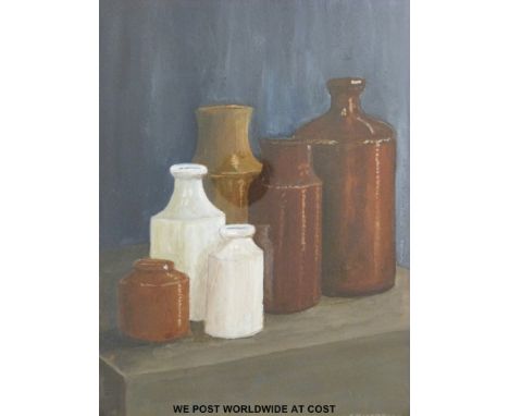J. Kimpton oil on board of stoneware jars on a bench, together with prints by the same artist, a Basil Rowles watercolour and
