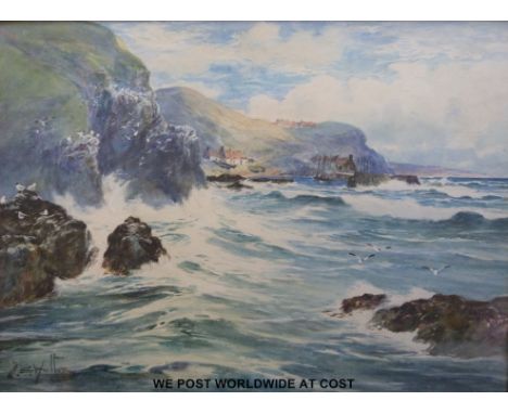 Thomas Swift Hutton (1865 - 1935) watercolour coastal scene with harbour, in gilt frame (29 x 39cm)