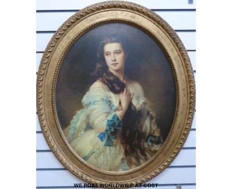 A large oval print of a lady in period dress (max diameter 74cm)