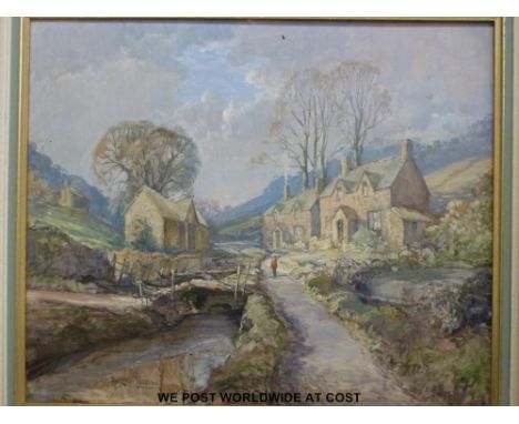 Oil on board rural cottages and stream signed R.G. Frow 1979 (49 x 59cm), framed ceramic plaque and an oil signed G. Rino