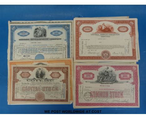Twenty five share certificates including Mission Electrical, oil, railroads, banking etc 