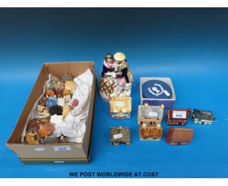 A quantity of collectable model ceramic cottages, Wedgwood jasperware pot and a Staffordshire figure group 'Highland Mary'