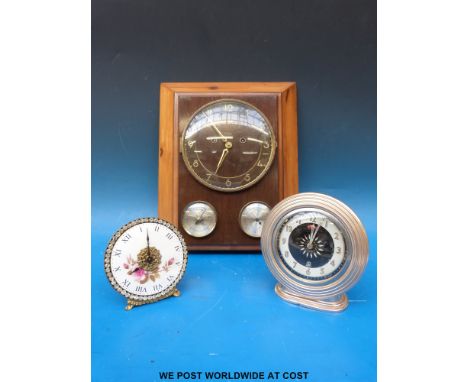 A wall clock with barometer (marked Diehl to face) with a mantel clock and boudoir clock 